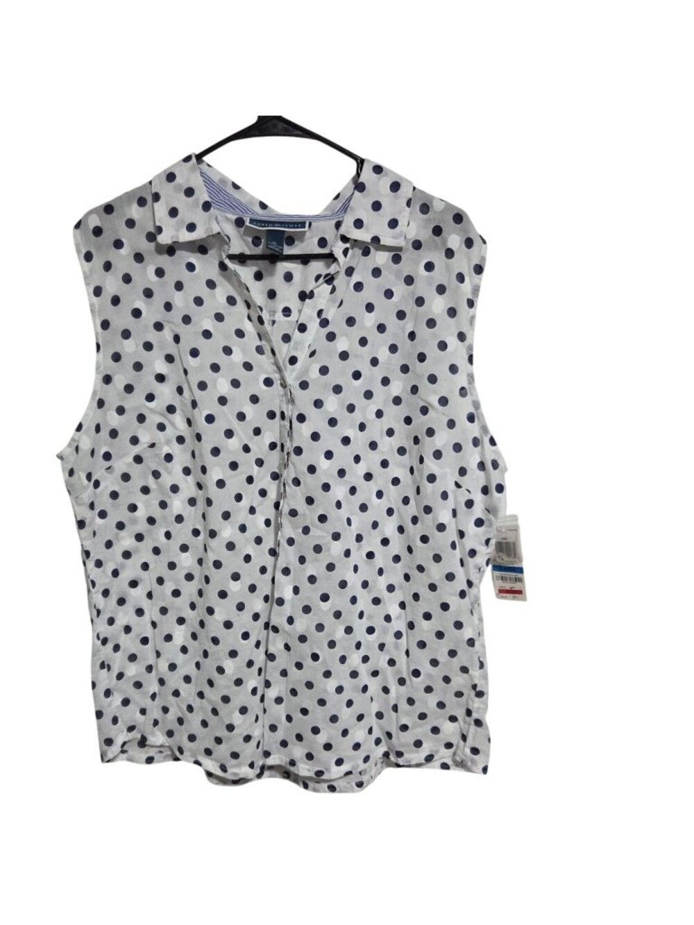 Karen Scott Blouse Womens Size XL Polka Dot Sleeveless Button Up White Navy